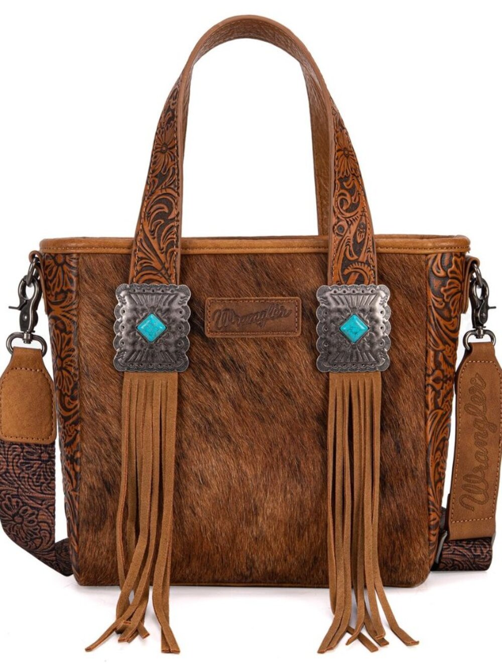 Wrangler Cowhide Tote Bag for Women Western Tooling Handbag Leather Fringing